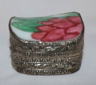 Vintage Trinket Box Hand Painted Water Lily Porcelain Top Silver Plated