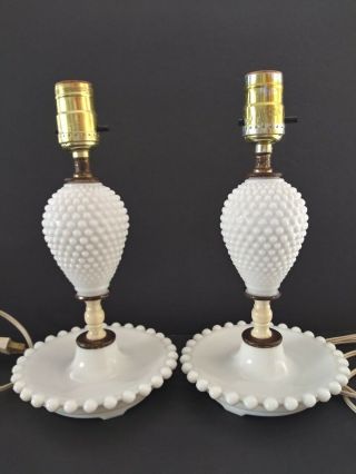 Vintage 11 " White Milk Glass Hobnail Boudoir Lamps In Good Order