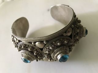 Vintage Siam Sterling Cuff Bracelet With Filigree And 3 Blue Stones