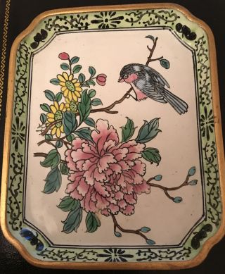 Small Vintage Chinese Enamel Trinket Dish Jewelry Tray Hand Painted Blossom Bird