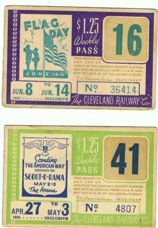 Railway Tram Tickets U S A,  2 No.  The Cleveland Railway Co.  Weekly Passes,  1941