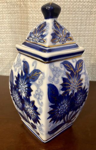 Vintage Hand Painted Asian Sugar Bowl Ginger Jar.  White,  Blue & Gold