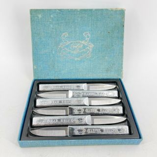 Vintage Carvel Hall Crab Knife Set 6 Box Set Made In Usa Stainless 6 "