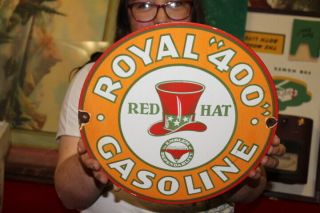 Red Hat Royal " 400 " Gasoline Gas Station 12 " Porcelain Metal Sign
