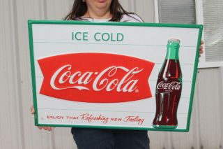Large Coca Cola Fishtail Soda Pop Bottle Gas Station 28 " Embossed Metal Sign