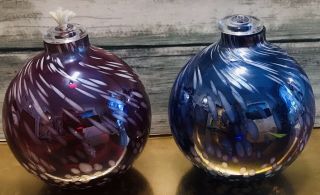 Set Of 2 Hand Blown Iridescent Art Glass Oil Lamp Purple & Blue Round With Wick