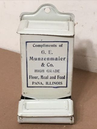 Vintage Advertising Tin Match Holder Munzenmaier & Co Pana Illinois Flour Feed