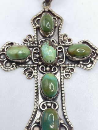Vintage Sterling Silver Turquoise Cross Pendant 3.  5 "