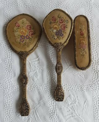 Vintage Petitpoint 3 Dressing Table Brush Set/hand Mirror/hair & Clothes Brushes