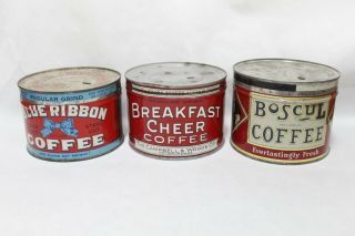 Vintage Coffee Tin X3 Diff Breakfast Cheer Blue Ribbon Boscul Graphics 1 Pound