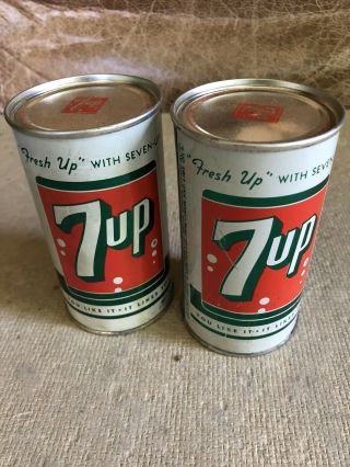 2 Vintage Flat Top Seven - Up 7 - Up Soda Cans American Can Company Mira Can