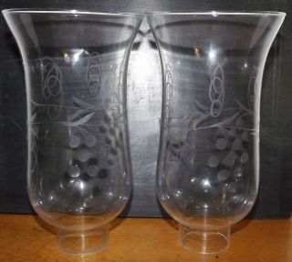 2 Vintage 7 " Hurricane Lamp Shades Chimneys Clear Etched Glass Grape Vine