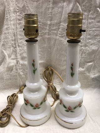 Pair Vintage Mid Century White Milk Glass Boudoir Lamp Bases With Painted Roses