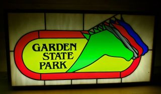 Vintage Garden State Horse Racetrack Lighted Stain Glass Advertising Sign 1950 