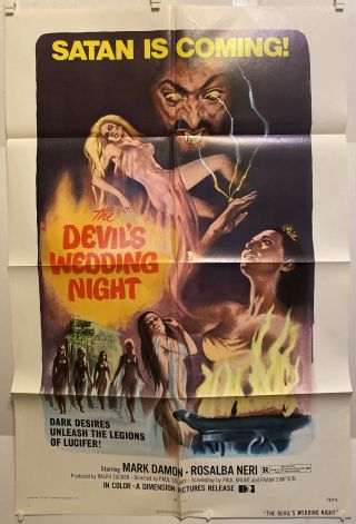 Vintage 1973 The Devil’s Wedding Night One Sheet Folded Poster.  27” X 41”