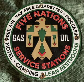 Vintage Style Porcelain Five Nations Service Stations Gas - Oil Sign 12 Inch