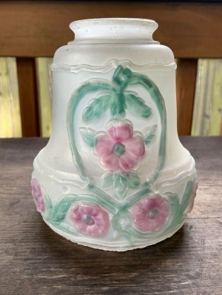 Vintage Frosted Glass Lamp Shade Embossed Reverse Painted Floral Design