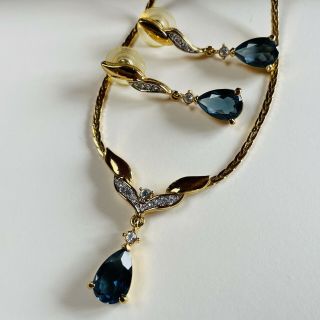 Vintage 80s Sparkling Sapphire/clear Rhinestone Gold Plated Necklace/earrings