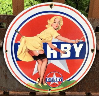 Vintage Derby Gasoline Heavy Porcelain Gas & Oil Sign 12” Archery Bow
