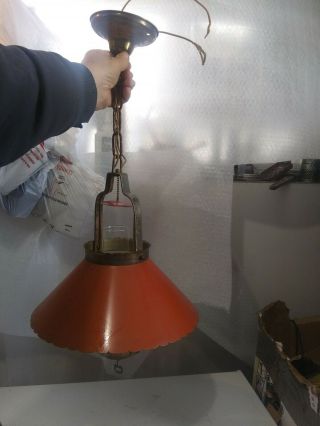 Vintage Hanging Hurricane/railroad Lantern Type Light With Orange Metal Shade
