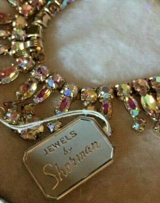 Vintage Sherman Necklace Aurora Borealis Rhinestones Signed With Tag