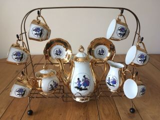 Vintage Czechoslovakia Porcelain Tea Set,  Wire Stand Copper Lustre Rococo Scene
