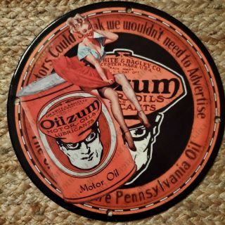 Vintage Porcelain Oilzum Motor Oils Lubricants Sexy Woman Man Cave Garage Sign