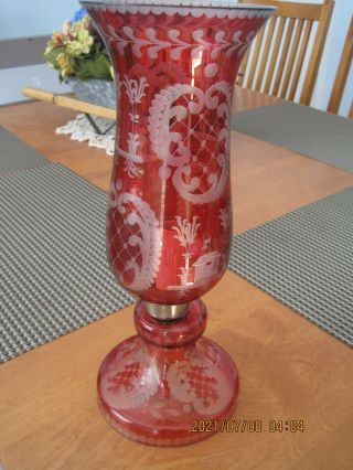Antique Vintage Cranberry Etched Glass Hurricane Lamp Needs Wiring Redone 13.  5 "
