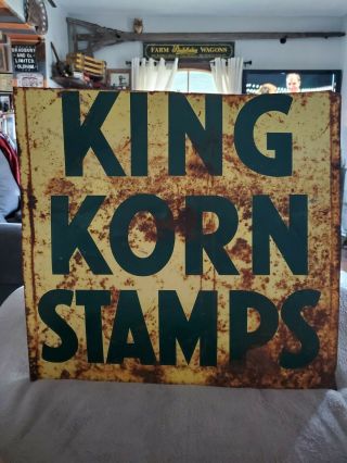 Vintage King Corn Stamps Metal Double Sided Sign