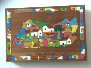 Colorful Handpainted Wooden Map Of El Salvador Folk Art 8 " X 5 1/2 "