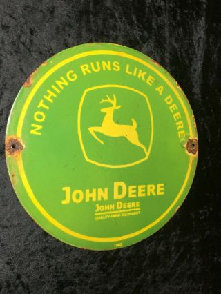 Vintage John Deere Runs Like A Deere Enamel Porcelain Advertising Sign Man Cave