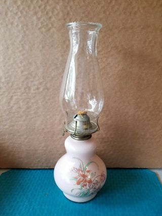 Vintage Cream Colored Kaadan Ltd.  1980 Oil Lamp With Pink And Blue Lily Flowers