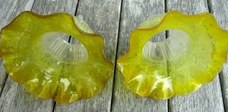 2 Small Antique Petticoat Ruffled Edged Glass Lamp Shades - Etched - Yellow