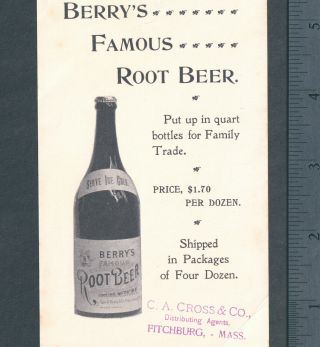 Berrys Famous Root Beer C 1900 " Cure " Bottle Advertising Trade Card Fitchburg Ma