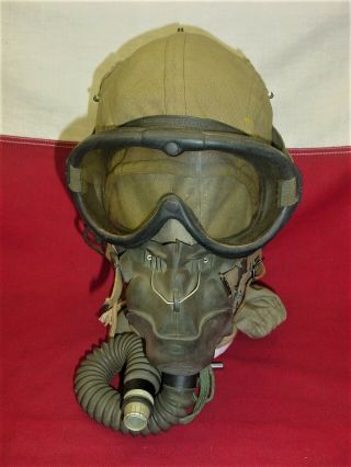 Wwii War Us Army Air Force A - 9 Flight Helmet Xl Oxygen Mask Googles Hose Minty