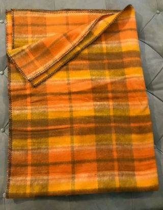 Vintage Wool Blend Brown Orange Plaid Blanket 60 X 80 European Polish Heavy Warm