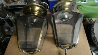 Pair Vintage Brass Flush Mount Ceiling Lights W/etched Glass - Arts And Crafts