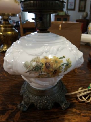 Vintage Hurricane Lions Head Lamp Base Hand - Painted Milk Glass Gwtw