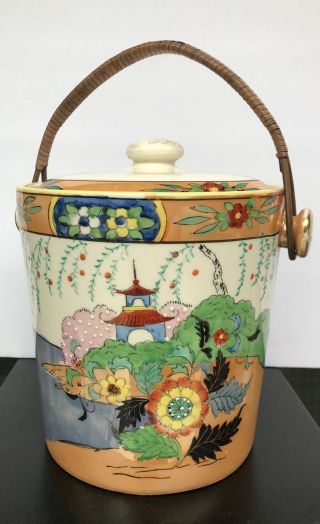 Biscuit Jar Vintage Japan Lusterware Blue Orange Floral Hand Painted Rattan