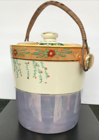 Biscuit Jar Vintage Japan Lusterware Blue Orange Floral Hand Painted Rattan 2