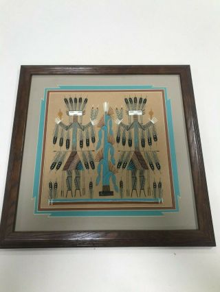 Vintage Native American Navajo Sand Painting Corn Kachina Signed Framed Art