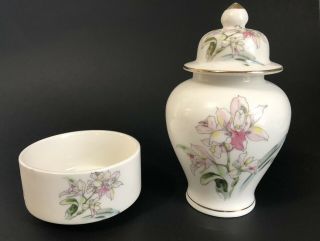 Small Vintage Ginger Jar And Bowl Made In Japan With Pink Orchid Motif