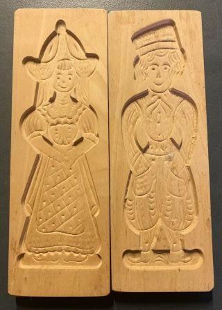 2 Antique Wooden Hand Carved Springerle Cookie Baking Mold Dutch Man & Woman
