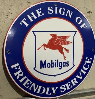 Mobil Mobilgas Friendly Service Pegasus Flying Horse Oil Porcelain Gas Sign