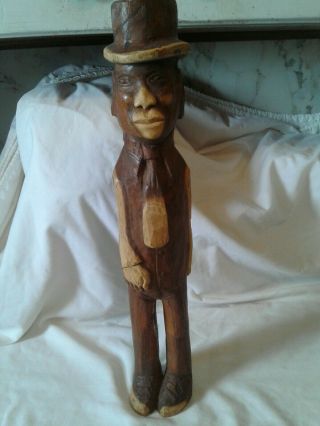 Vtg Hand Carved Wood Folk Art Sculpture African American Man Suit Top Hat 18 "