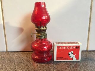 Miniature Vintage Oil Lamp Pressed Red Painted Glass 11.  5 Cm Made In Hong Kong