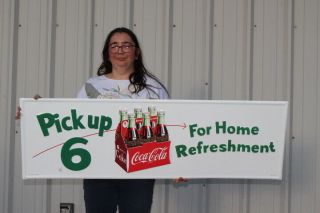 Large Coca Cola Pick Up 6 Soda Pop Gas Station 50 " Embossed Metal Sign