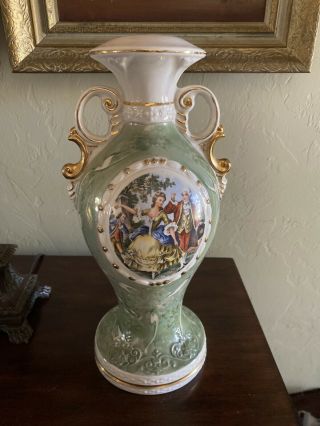 60’s Vintage Scrolled Porcelain Lamp Base Courting Couple Sage Green Gold Trim