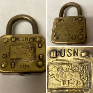 Vintage Brass Master Padlock - No Key - Us Navy (usn) Lion Emblem / 88 Lock / Usa