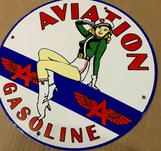 Pin Up Flying A Aviation Gasoline Oil Porcelain Gas Sign